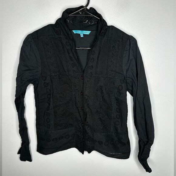Johnny was black embroidered eyelet blouse Button Down XS - Picture 1 of 5
